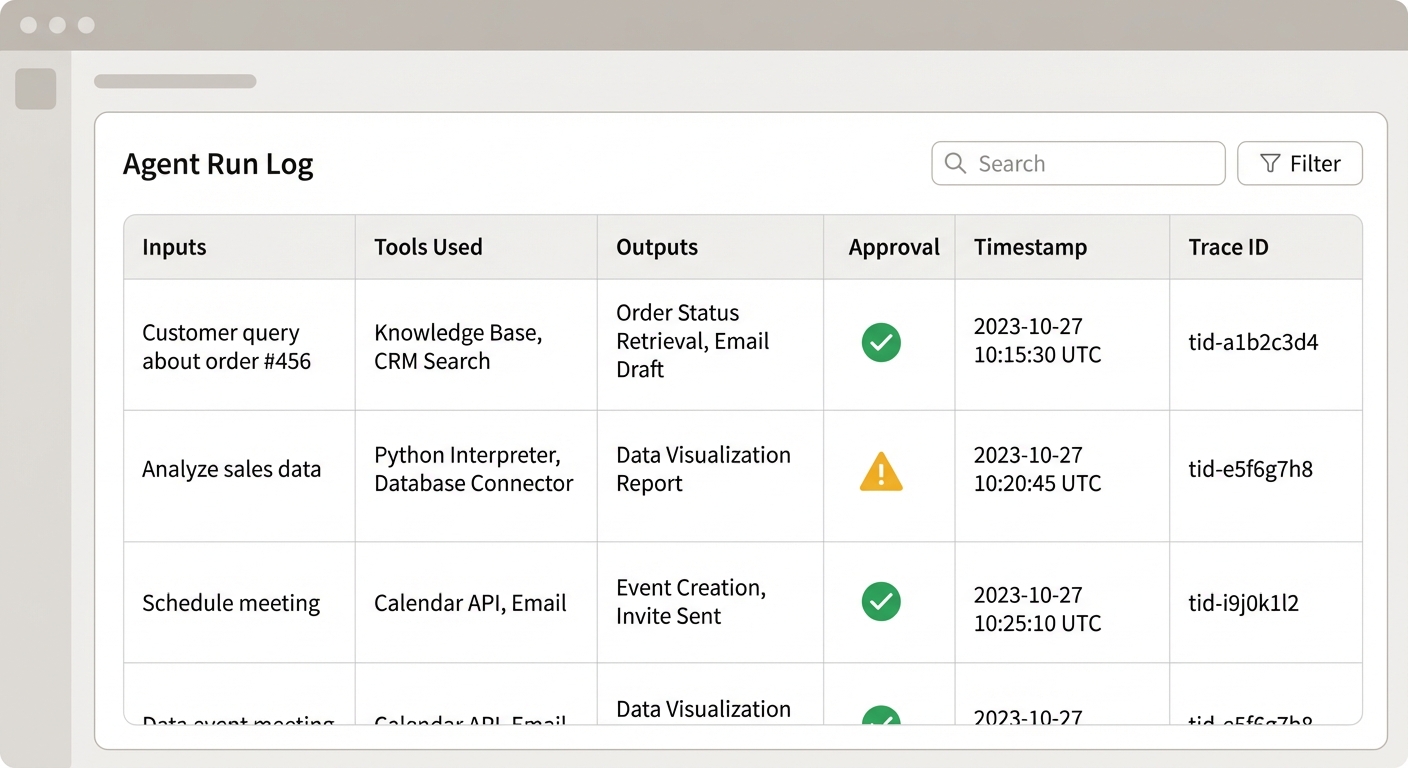 Agent run log table with inputs, tools used, outputs, approval, timestamp, and trace ID columns